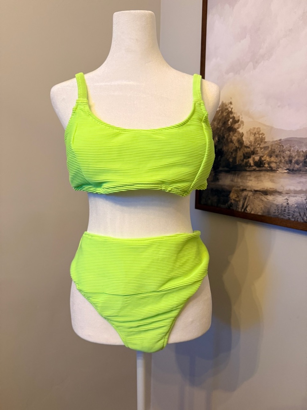 Neon Lime Ribbed High-Waist Bikini Set